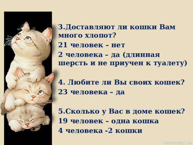 3.Доставляют ли кошки Вам много хлопот? 21 человек – нет 2 человека – да (длинная шерсть и не приучен к туалету)  4. Любите ли Вы своих кошек? 23 человека – да  5.Сколько у Вас в доме кошек? 19 человек – одна кошка 4 человека -2 кошки 