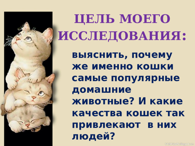 ЦЕЛЬ МОЕГО ИССЛЕДОВАНИЯ :  выяснить, почему же именно кошки самые популярные домашние животные? И какие качества кошек так привлекают в них людей? 