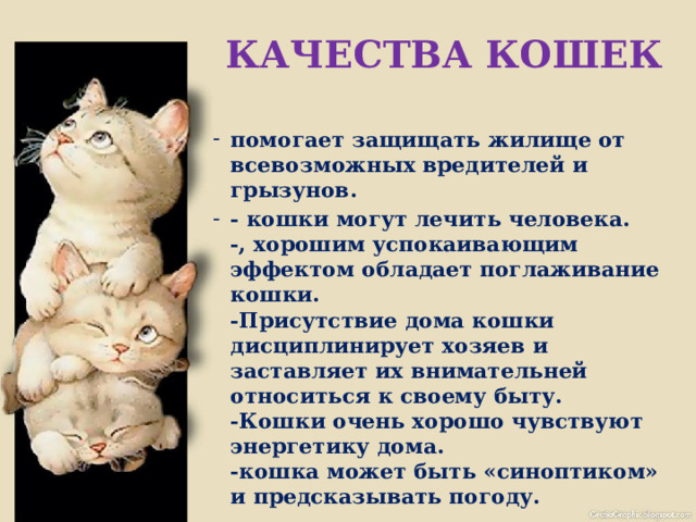КАЧЕСТВА КОШЕК помогает защищать жилище от всевозможных вредителей и грызунов. - кошки могут лечить человека.  -, хорошим успокаивающим эффектом обладает поглаживание кошки.  -Присутствие дома кошки дисциплинирует хозяев и заставляет их внимательней относиться к своему быту.  -Кошки очень хорошо чувствуют энергетику дома.  -кошка может быть «синоптиком» и предсказывать погоду. 