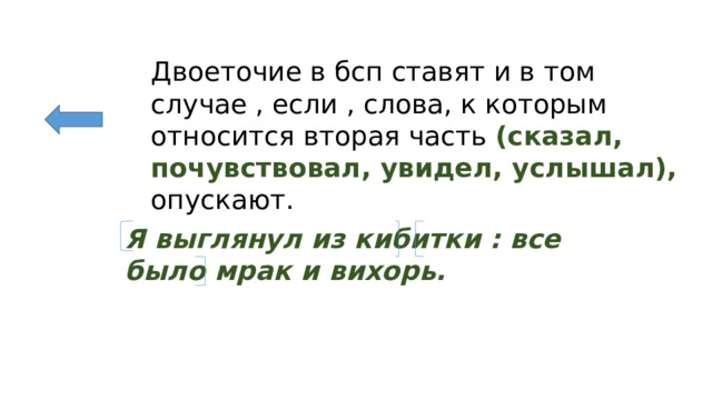 Двоеточие в бсп ставят и в том случае , если , слова, к которым относится вторая часть (сказал, почувствовал, увидел, услышал), опускают. Я выглянул из кибитки : все было мрак и вихорь. 