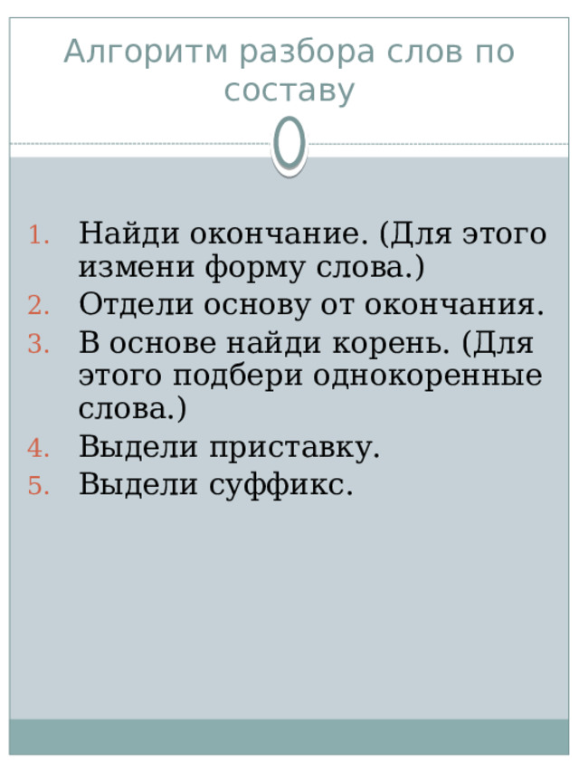 Алгоритм разбора слов по составу Найди окончание. (Для этого измени форму слова.) Отдели основу от окончания. В основе найди корень. (Для этого подбери однокоренные слова.) Выдели приставку. Выдели суффикс. 