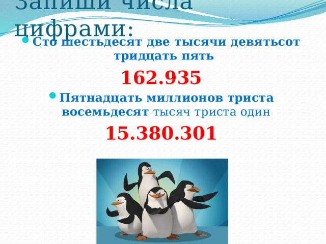 Запиши числа цифрами: Сто шестьдесят две тысячи девятьсот тридцать пять 162.935 Пятнадцать миллионов триста восемьдесят тысяч триста один 15.380.301 