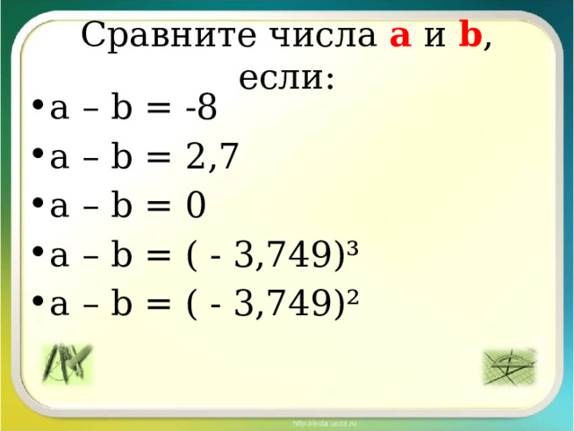 Сравните числа а и b , если: a – b = -8 a – b = 2,7 a – b = 0 a – b = ( - 3,749)³ a – b = ( - 3,749)² 