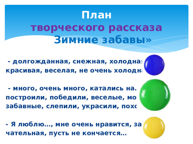 План  творческого рассказа  «» Зимние забавы»  - долгожданная, снежная, холодная, красивая, веселая, не очень холодная,….   - много, очень много, катались на…, построили, победили, веселые, мокрые, забавные, слепили, украсили, похожие на…  - Я люблю…, мне очень нравится, заме чательная, пусть не кончается…    