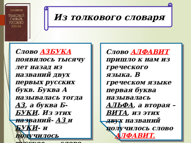 Из толкового словаря Слово АЗБУКА  появилось тысячу лет назад из названий двух первых русских букв. Буква А называлась тогда АЗ , а буква Б- БУКИ . Из этих названий- АЗ и БУКИ - и получилось русское слово АЗБУКА . Слово АЛФАВИТ  пришло к нам из греческого языка. В греческом языке первая буква называлась АЛЬФА , а вторая – ВИТА , из этих двух названий получилось слово АЛФАВИТ.  