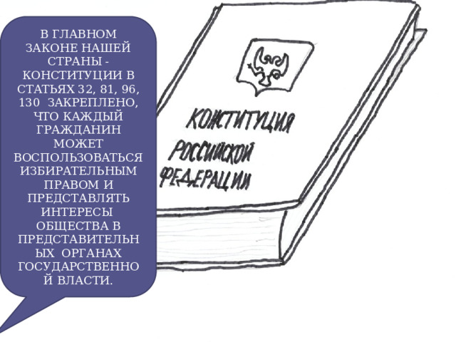 В ГЛАВНОМ ЗАКОНЕ НАШЕЙ СТРАНЫ -КОНСТИТУЦИИ В СТАТЬЯХ 32, 81, 96, 130 ЗАКРЕПЛЕНО, ЧТО КАЖДЫЙ ГРАЖДАНИН МОЖЕТ ВОСПОЛЬЗОВАТЬСЯ ИЗБИРАТЕЛЬНЫМ ПРАВОМ И ПРЕДСТАВЛЯТЬ ИНТЕРЕСЫ ОБЩЕСТВА В ПРЕДСТАВИТЕЛЬНЫХ ОРГАНАХ ГОСУДАРСТВЕННОЙ ВЛАСТИ. 