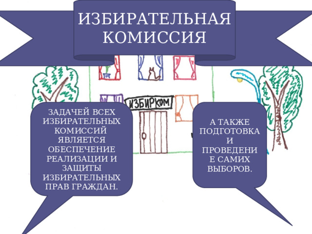 ИЗБИРАТЕЛЬНАЯ КОМИССИЯ ЗАДАЧЕЙ ВСЕХ ИЗБИРАТЕЛЬНЫХ КОМИССИЙ ЯВЛЯЕТСЯ ОБЕСПЕЧЕНИЕ РЕАЛИЗАЦИИ И ЗАЩИТЫ ИЗБИРАТЕЛЬНЫХ ПРАВ ГРАЖДАН. А ТАКЖЕ ПОДГОТОВКА И ПРОВЕДЕНИЕ САМИХ ВЫБОРОВ. 