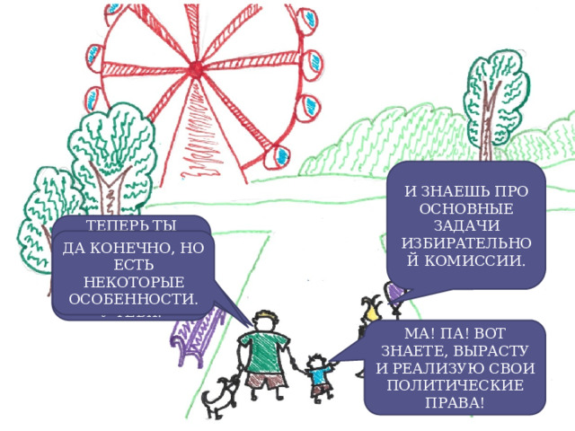 И ЗНАЕШЬ ПРО ОСНОВНЫЕ ЗАДАЧИ ИЗБИРАТЕЛЬНОЙ КОМИССИИ. ТЕПЕРЬ ТЫ ЗНАЕШЬ ПРО ПОЛИТИЧЕСКИЕ ПРАВА, КОТОРЫЕ ЕСТЬ У ТЕБЯ. ДА КОНЕЧНО, НО ЕСТЬ НЕКОТОРЫЕ ОСОБЕННОСТИ. МА! ПА! ВОТ ЗНАЕТЕ, ВЫРАСТУ И РЕАЛИЗУЮ СВОИ ПОЛИТИЧЕСКИЕ ПРАВА! 