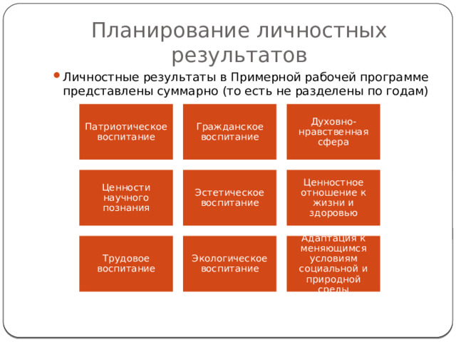 Планирование личностных результатов Личностные результаты в Примерной рабочей программе представлены суммарно (то есть не разделены по годам) Патриотическое воспитание Гражданское воспитание Духовно-нравственная сфера Ценности научного познания Эстетическое воспитание Ценностное отношение к жизни и здоровью Трудовое воспитание Экологическое воспитание Адаптация к меняющимся условиям социальной и природной среды 