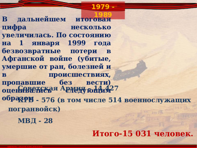 В дальнейшем итоговая цифра несколько увеличилась. По состоянию на 1 января 1999 года безвозвратные потери в Афганской войне (убитые, умершие от ран, болезней и в происшествиях, пропавшие без вести) оценивались следующим образом Советская Армия – 14 427 КГБ - 576 (в том числе 514 военнослужащих погранвойск) МВД - 28  Итого-15 031 человек. 