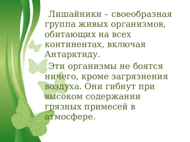  Лишайники – своеобразная группа живых организмов, обитающих на всех континентах, включая Антарктиду.  Эти организмы не боятся ничего, кроме загрязнения воздуха. Они гибнут при высоком содержании грязных примесей в атмосфере. 