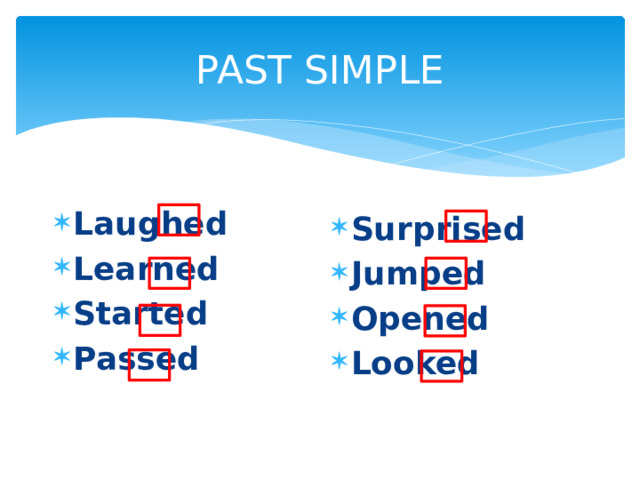 PAST SIMPLE Laughed  Learned Started Passed Surprised Jumped Opened  Looked 