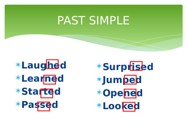 PAST SIMPLE Laughed  Learned Started Passed Surprised Jumped Opened  Looked 