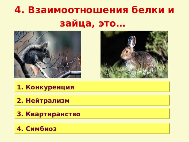 4. Взаимоотношения белки и зайца, это…  1. Конкуренция 2. Нейтрализм 3. Квартиранство 4. Симбиоз 