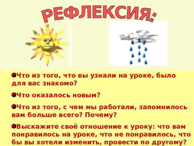 Что из того, что вы узнали на уроке, было для вас знакомо? Что оказалось новым? Что из того, с чем мы работали, запомнилось вам больше всего? Почему? Выскажите своё отношение к уроку: что вам понравилось на уроке, что не понравилось, что бы вы хотели изменить, провести по другому? Что из того, что вы узнали на уроке, было для вас знакомо? Что оказалось новым? Что из того, с чем мы работали, запомнилось вам больше всего? Почему? Выскажите своё отношение к уроку: что вам понравилось на уроке, что не понравилось, что бы вы хотели изменить, провести по другому? 