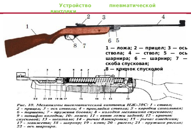 Устройство пневматической винтовки 1 — ложа; 2 — прицел; 3 — ось ствола; 4 — ствол; 5 — ось шарнира; 6 — шарнир; 7 — скоба спусковая; 8 — крючок спусковой 