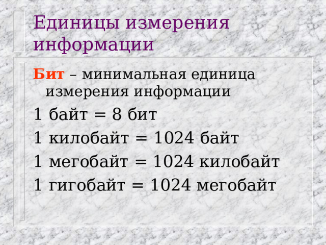Единицы измерения информации Бит – минимальная единица измерения информации 1 байт = 8 бит 1 килобайт = 1024 байт 1 мегобайт = 1024 килобайт 1 гигобайт = 1024 мегобайт 