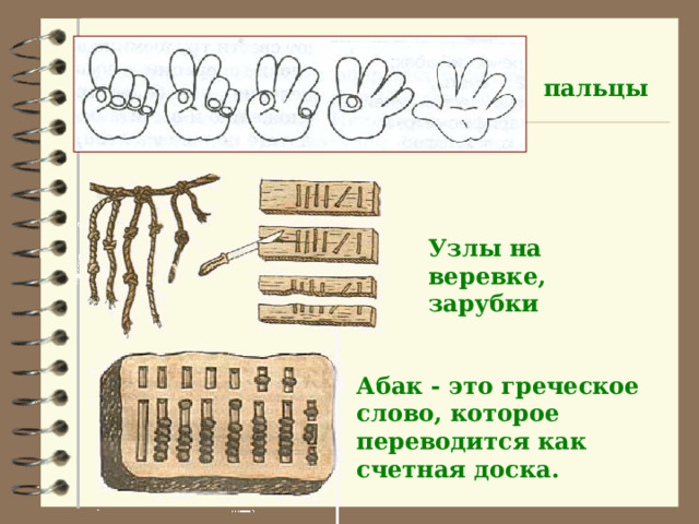 пальцы Узлы на веревке, зарубки Абак - это греческое слово, которое переводится как счетная доска.  