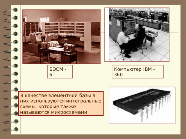 Компьютер IBM - 360 БЭСМ - 6 В качестве элементной базы в них используются интегральные схемы, которые также называются микросхемами.  