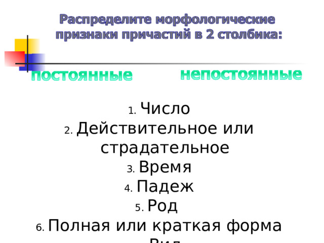 Число Действительное или страдательное Время Падеж Род Полная или краткая форма Вид   