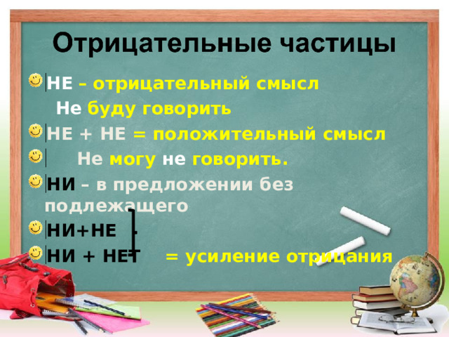 НЕ  – отрицательный смысл  Не  буду говорить НЕ + НЕ = положительный смысл  Не могу не говорить. НИ  – в предложении без подлежащего НИ+НЕ НИ + НЕТ = усиление отрицания 