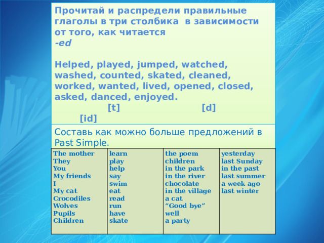 Help правильный или неправильный. Правильные глаголы в английском. Отметить слова в которых окончание -ed читается как t watched wanted Washed.