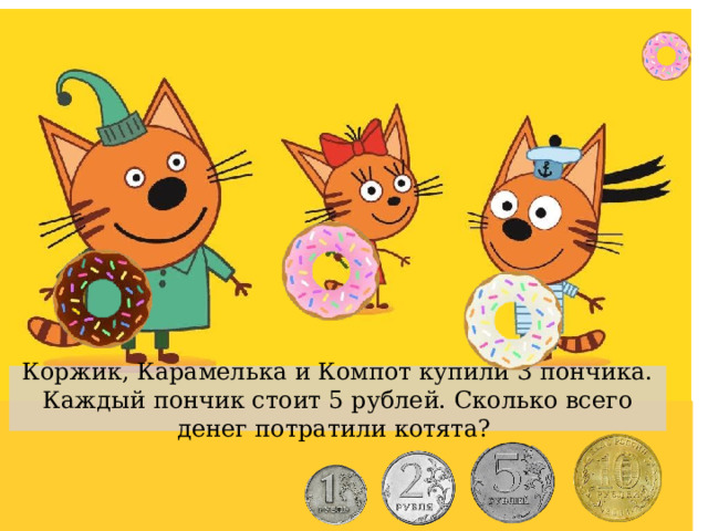 Коржик, Карамелька и Компот купили 3 пончика. Каждый пончик стоит 5 рублей. Сколько всего денег потратили котята? 