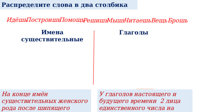 Распределите слова в два столбика Идёшь Построишь Помощь Решишь Мышь Читаешь Вещь Брошь Имена существительные Глаголы ? На конце имён существительных женского рода после шипящего пишется Ь У глаголов настоящего и будущего времени 2 лица единственного числа на конце пишется Ь. 