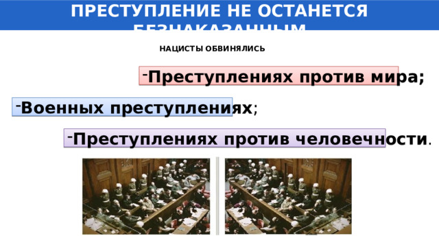 ПРЕСТУПЛЕНИЕ НЕ ОСТАНЕТСЯ БЕЗНАКАЗАННЫМ  НАЦИСТЫ ОБВИНЯЛИСЬ   Преступлениях против мира; Военных преступлениях ; Преступлениях против человечности . 