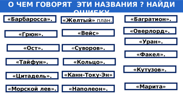 О ЧЕМ ГОВОРЯТ ЭТИ НАЗВАНИЯ ? НАЙДИ ОШИБКУ «Багратион». «Барбаросса». «Желтый»  план. «Оверлорд». «Вейс» «Грюн». «Уран». « Суворов». «Ост». «Факел». «Тайфун». «Кольцо». «Кутузов». «Канн-Току-Эн» «Цитадель». «Марита» «Морской лев». «Наполеон». 