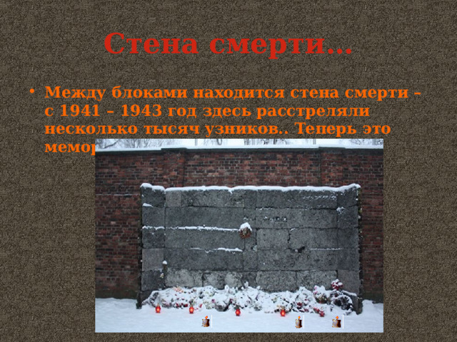 Стена смерти… Между блоками находится стена смерти – с 1941 – 1943 год здесь расстреляли несколько тысяч узников.. Теперь это мемориал. Возле него свечи, цветы… 