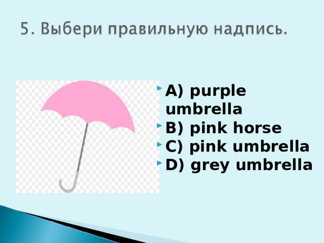 A) purple umbrella B) pink horse C) pink umbrella D) grey umbrella 