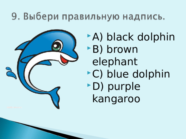 A) black dolphin B) brown elephant C) blue dolphin D) purple kangaroo 