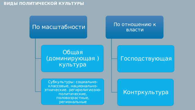 Виды политической культуры По масштабности По отношению к власти Общая (доминирующая ) культура Господствующая Субкультуры: социально-классовые, национально-этнические. регирелигиозно-политические, половозрастные, региональные Контркультура 