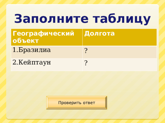 Кейптаун координаты широта и долгота 5 класс