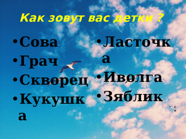 Как зовут вас детки ? Сова  Грач  Скворец  Кукушка  Ласточка  Иволга  Зяблик  со со со со со со со со со 