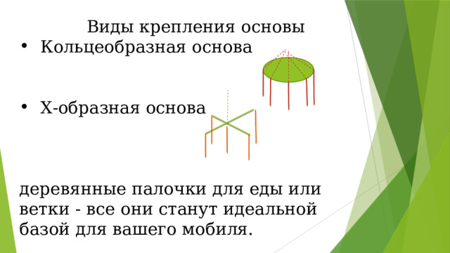 Виды крепления основы Кольцеобразная основа Х-образная основа деревянные палочки для еды или ветки - все они станут идеальной базой для вашего мобиля. 