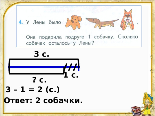 3 с. 1 с. ? с. 3 – 1 = 2 (с.) Ответ: 2 собачки. 