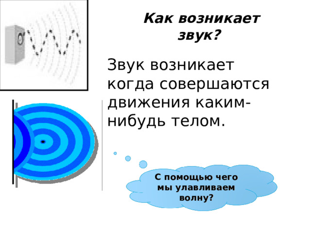 Как возникает звук?  Звук возникает когда совершаются движения каким-нибудь телом. С помощью чего мы улавливаем волну? 