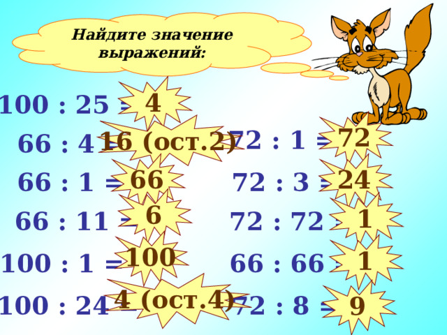 Найдите значение выражений: 4 100 : 25 = 72 16 (ост. 2 )  72 : 1 =  66 : 4 = 24 66  72 : 3 =  66 : 1 = 6 1  72 : 72 =  66 : 11 = Устный счёт. 100 1 100 : 1 =  66 : 66 = 4 (ост.4) 9  72 : 8 = 100 : 24 =  