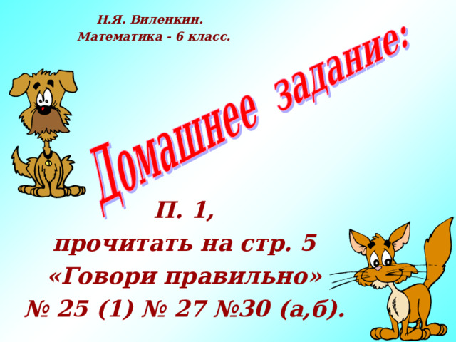 Н.Я. Виленкин. Математика - 6 класс. П. 1, прочитать на стр. 5 «Говори правильно» № 25 (1) № 27 №30 (а,б). 