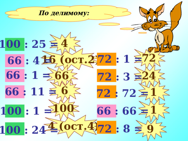 По делимому: 4 100 : 25 = 72 16 (ост. 2 )  72 : 1 =  66 : 4 = 66 24  66 : 1 =  72 : 3 = 6 1  66 : 11 =  72 : 72 = 100 1 100 : 1 =  66 : 66 = 4 (ост.4) 9  72 : 8 = 100 : 24 = 