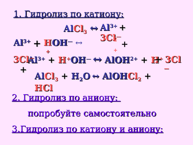 1. Гидролиз по катиону: Al Cl 3  ↔  Al 3+  + 3Cl — 2+ ↔ H + OH — OH — H + + Al 3+ Al 3+ + Al 3+ + H + OH —  ↔ AlOH 2+ + H +  3Cl —  + + 3Cl —  Al Cl 3 + H 2 O  ↔  AlOH Cl 2 + HCl 2. Гидролиз по аниону: попробуйте самостоятельно 3.Гидролиз по катиону и аниону: 