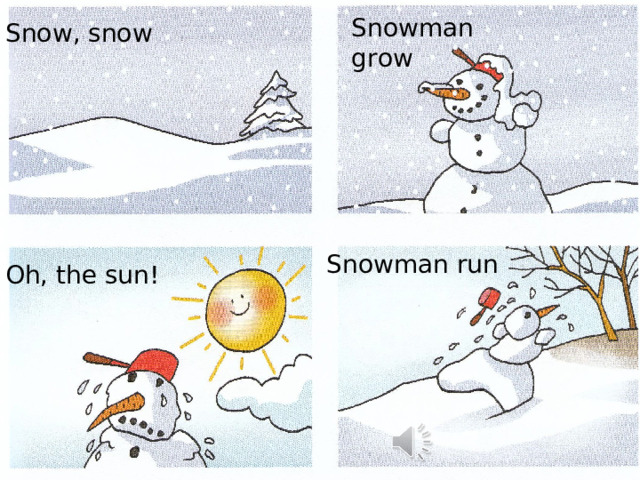 Snowman grow Snow, snow Snowman run Oh, the sun! 