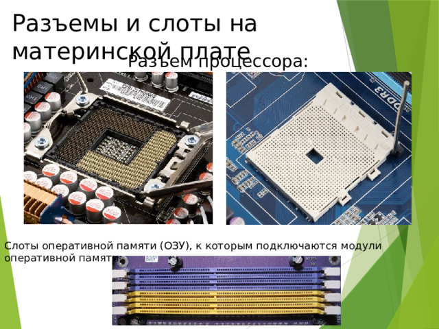 Разъемы и слоты на материнской плате Разъем процессора: Слоты оперативной памяти (ОЗУ), к которым подключаются модули оперативной памяти; 