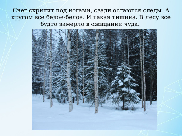 Снег скрипит под ногами, сзади остаются следы. А кругом все белое-белое. И такая тишина. В лесу все будто замерло в ожидании чуда. 