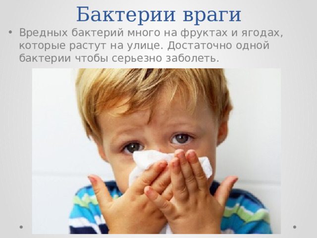 Бактерии враги Вредных бактерий много на фруктах и ягодах, которые растут на улице. Достаточно одной бактерии чтобы серьезно заболеть. 