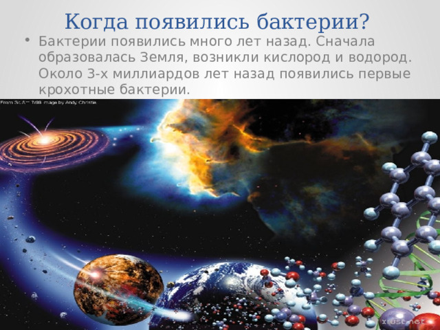 Когда появились бактерии? Бактерии появились много лет назад. Сначала образовалась Земля, возникли кислород и водород. Около 3-х миллиардов лет назад появились первые крохотные бактерии. 