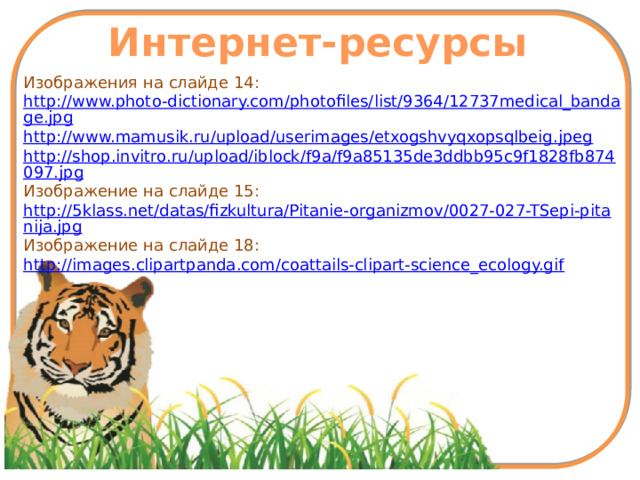 Интернет-ресурсы Изображения на слайде 14: http://www.photo-dictionary.com/photofiles/list/9364/12737medical_bandage.jpg http://www.mamusik.ru/upload/userimages/etxogshvyqxopsqlbeig.jpeg http://shop.invitro.ru/upload/iblock/f9a/f9a85135de3ddbb95c9f1828fb874097.jpg Изображение на слайде 15: http://5klass.net/datas/fizkultura/Pitanie-organizmov/0027-027-TSepi-pitanija.jpg Изображение на слайде 18: http://images.clipartpanda.com/coattails-clipart-science_ecology.gif 