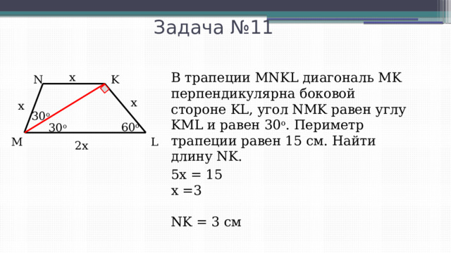 Задача №11 В трапеции MNKL диагональ MK перпендикулярна боковой стороне KL, угол NMK равен углу KML и равен 30 о . Периметр трапеции равен 15 см. Найти длину NK. х N K х х 30 o 60 o 30 o L M 2х 5х = 15 х =3 NK = 3 см 